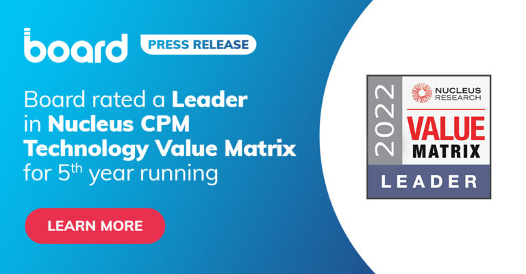 Board International si classifica tra i Leader del quadrante Nucleus CPM Technology Value Matrix per il quinto anno consecutivo.
