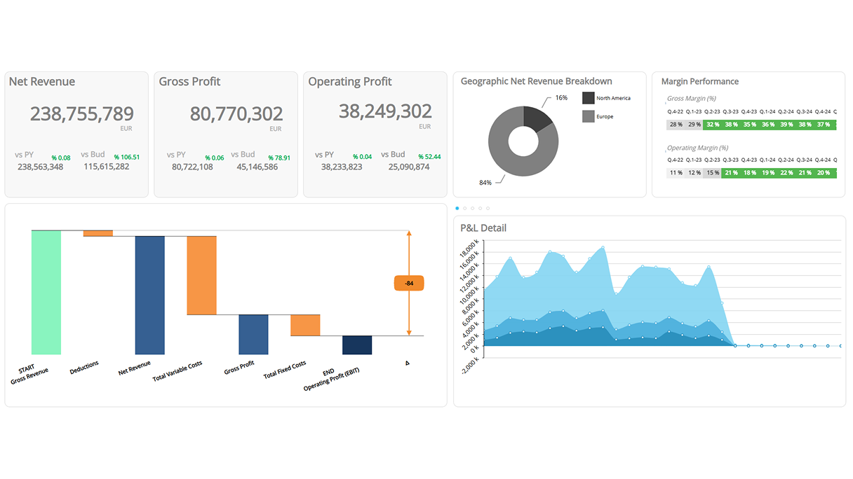 Example Board dashboard showing revenue, profit, and P&L